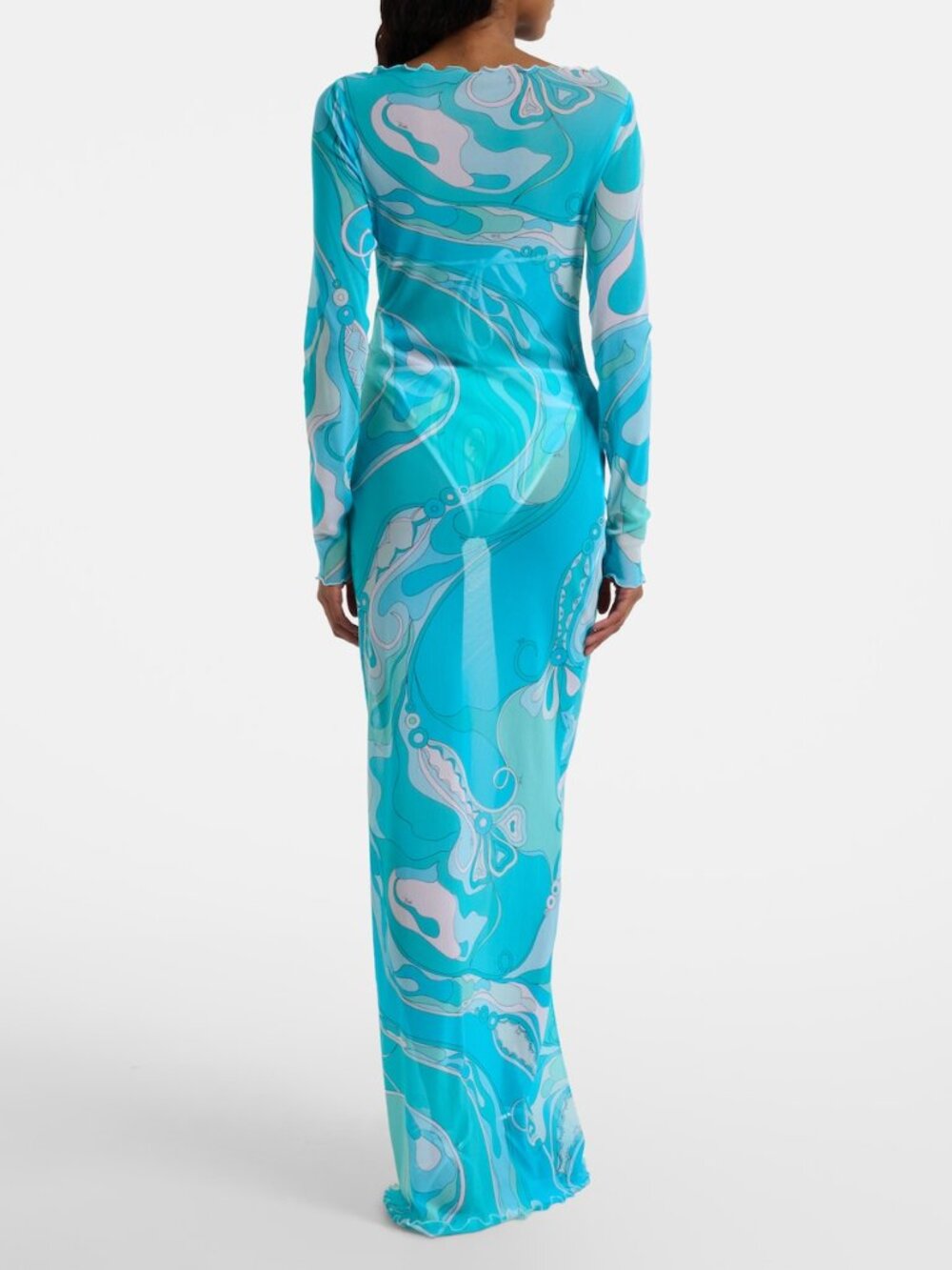 Emilio Pucci Turquoise Swirl-Print Tulle Long-Sleeve Dress - Picture 2 of 13